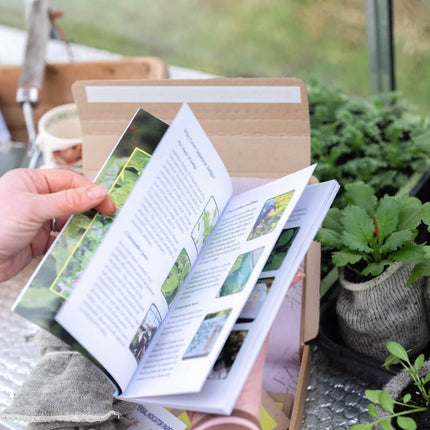 Person holding an open book with plant images in a greenhouse setting