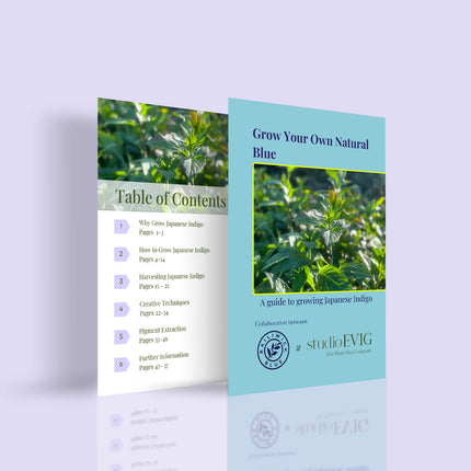 Grow your own indigo guide with table of contents and cover featuring Japanese indigo plants on a light purple background