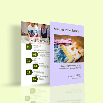 E-Book with 'Scouring & Mordanting' guide and table of contents on a light green background
