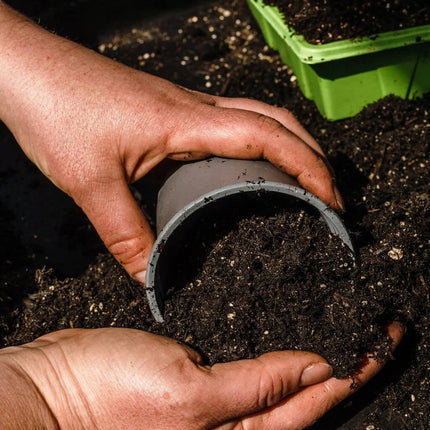 Person holding a small pot of soil with a green seedling tray in the background